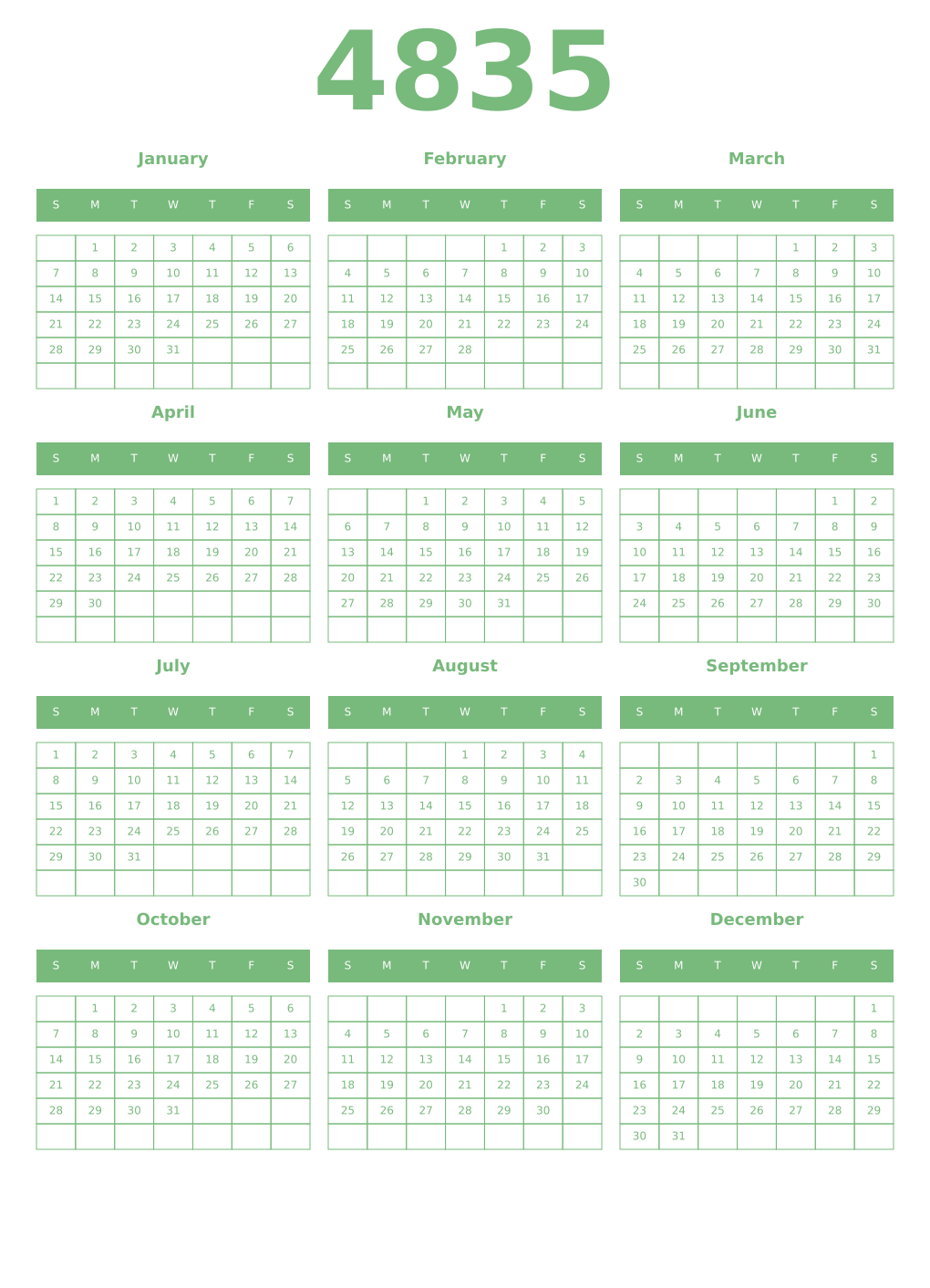 Printable 4835 Year Calendars celadon