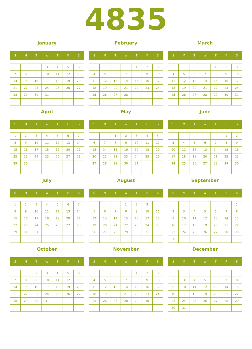 Printable 4835 Year Calendars chartreuse