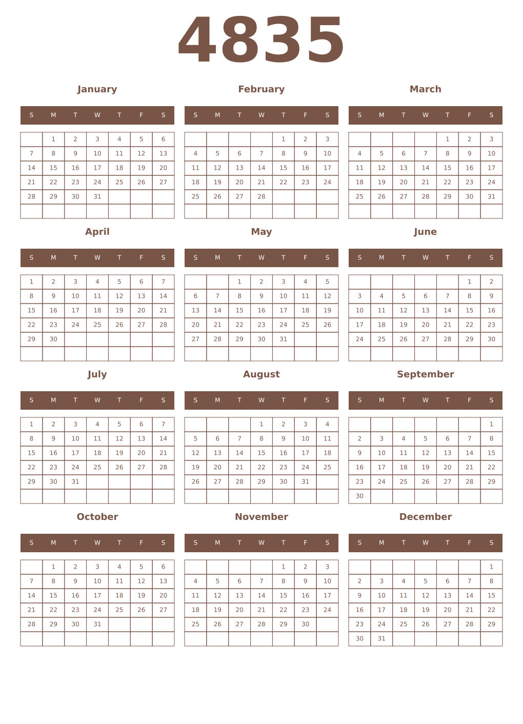 Printable 4835 Year Calendars coffe