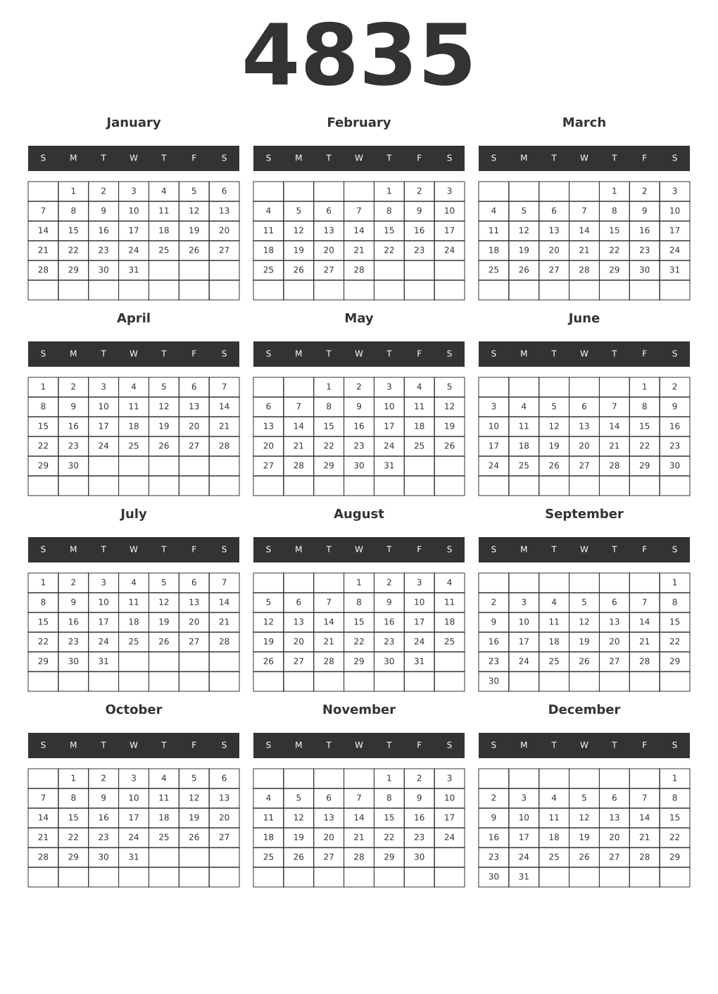 Printable 4835 Year Calendars dark
