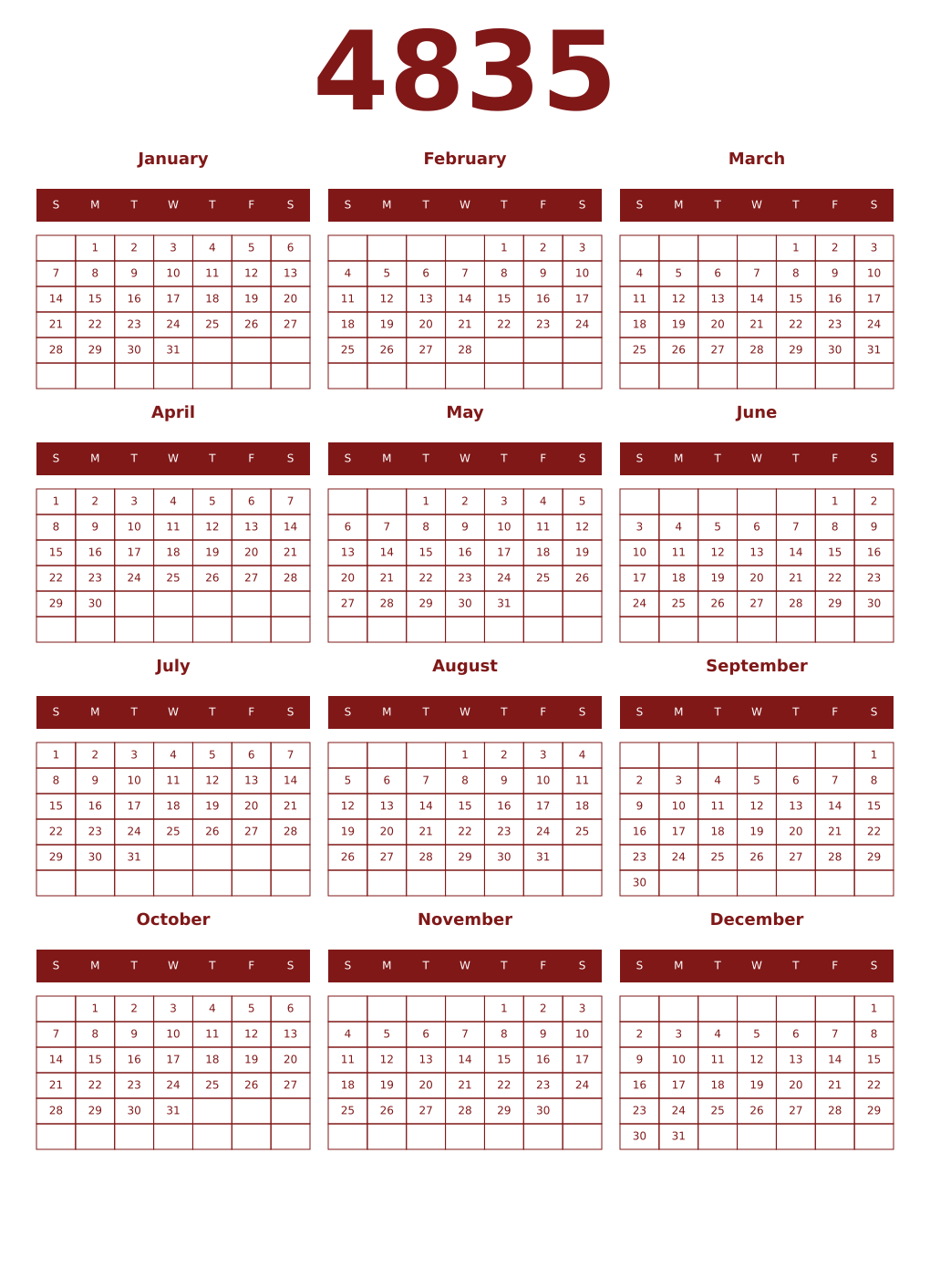 Printable 4835 Year Calendars falu