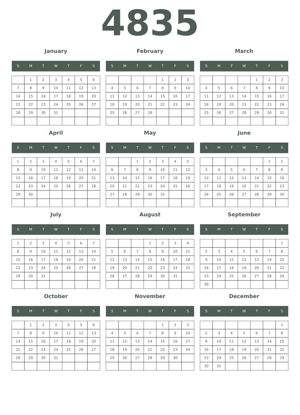 Printable 4835 Year Calendars feldgrau