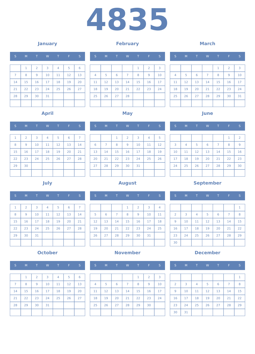 Printable 4835 Year Calendars glaucous