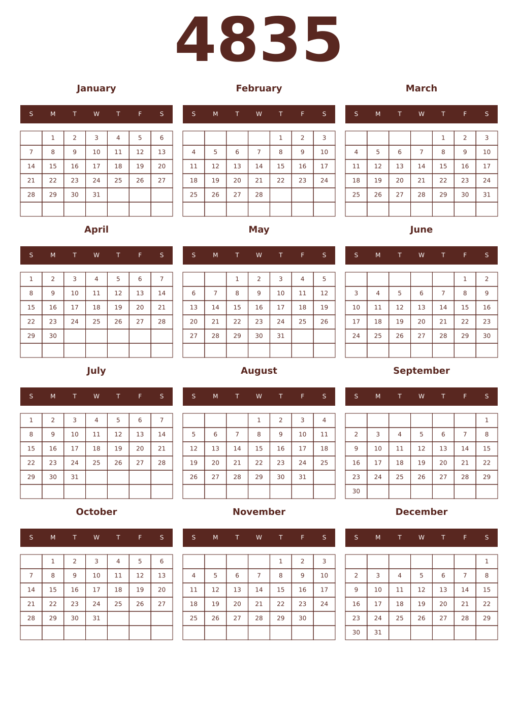 Printable 4835 Year Calendars mortuum