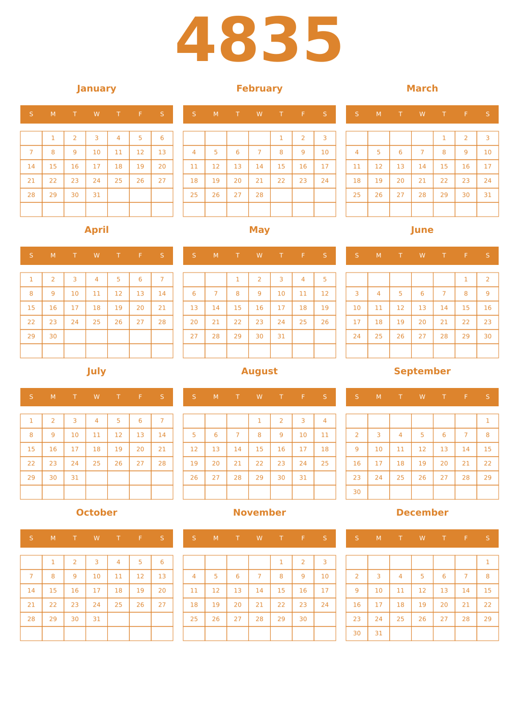 Printable 4835 Year Calendars orange