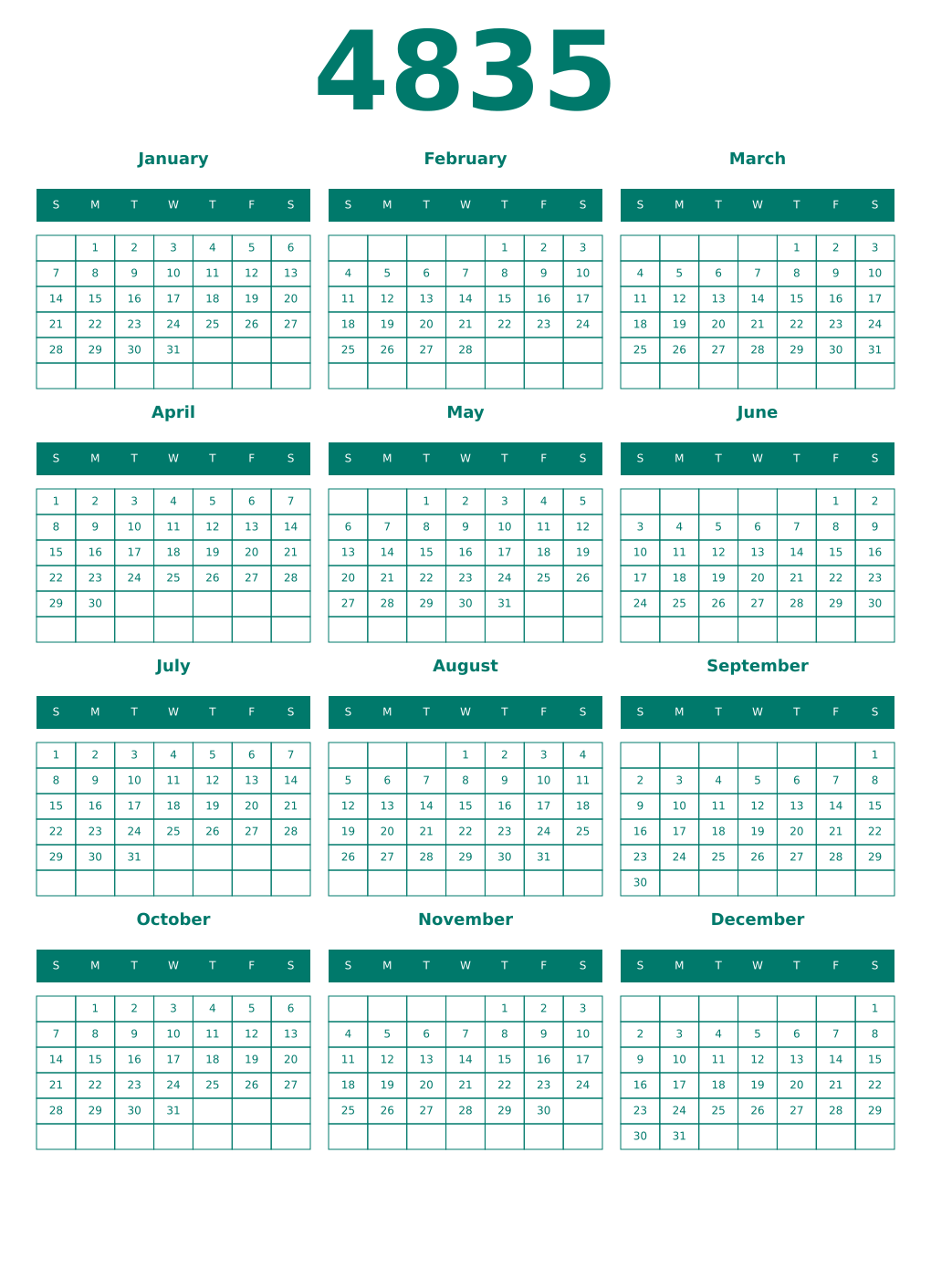 Printable 4835 Year Calendars pastel