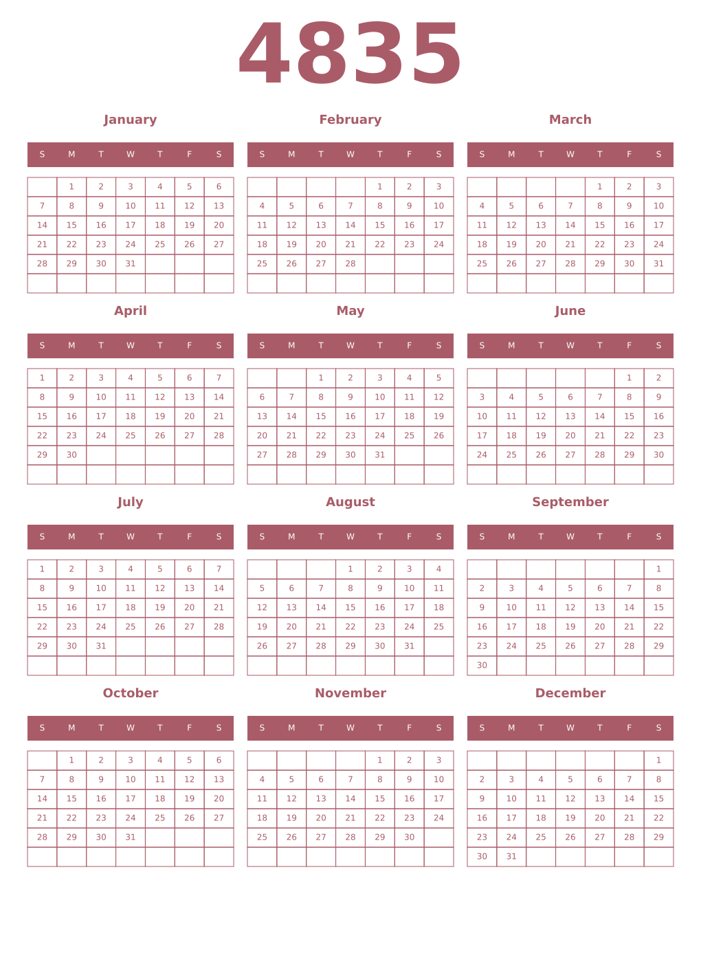 Printable 4835 Year Calendars puce
