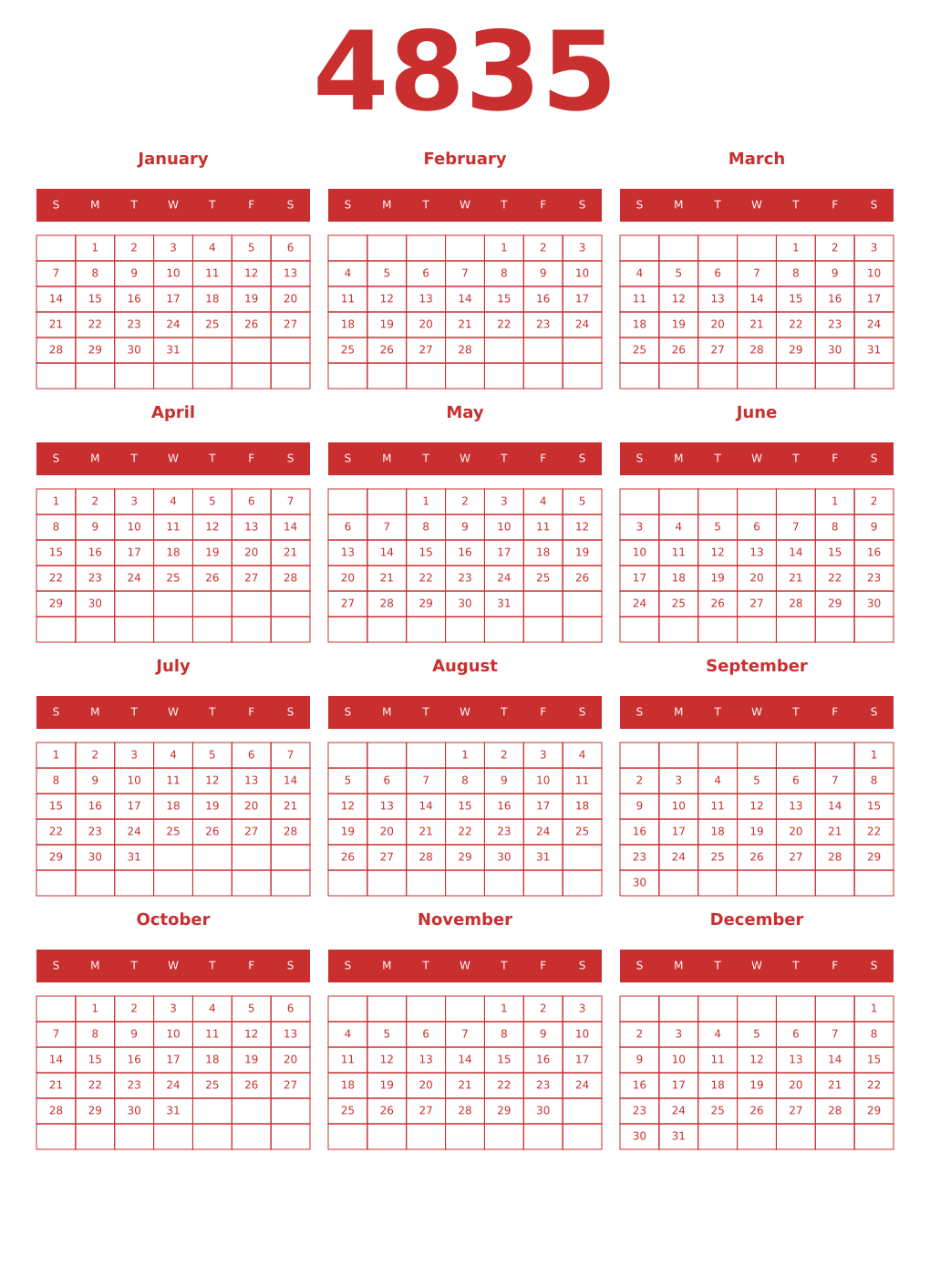 Printable 4835 Year Calendars red