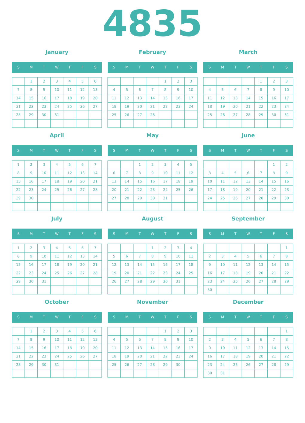 Printable 4835 Year Calendars verdigris