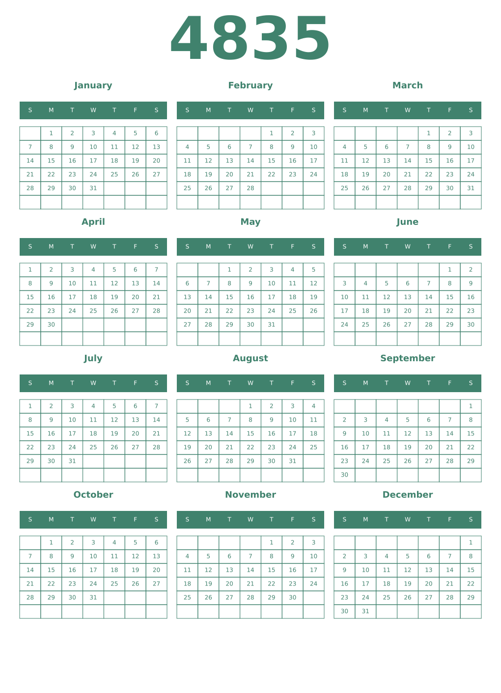 Printable 4835 Year Calendars viridian