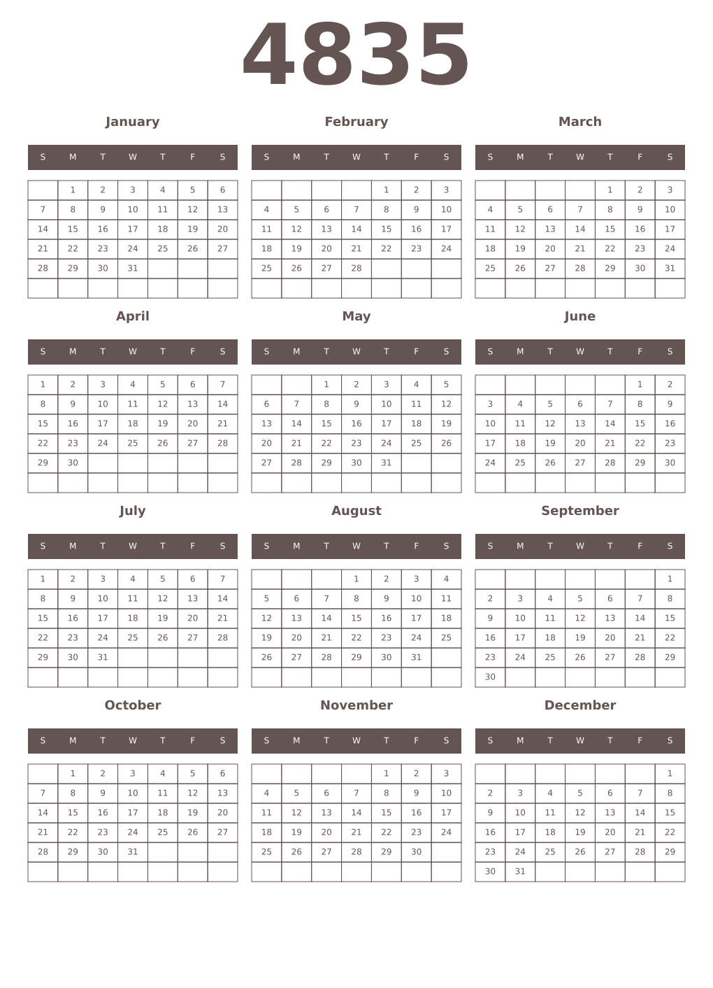 Printable 4835 Year Calendars wenge