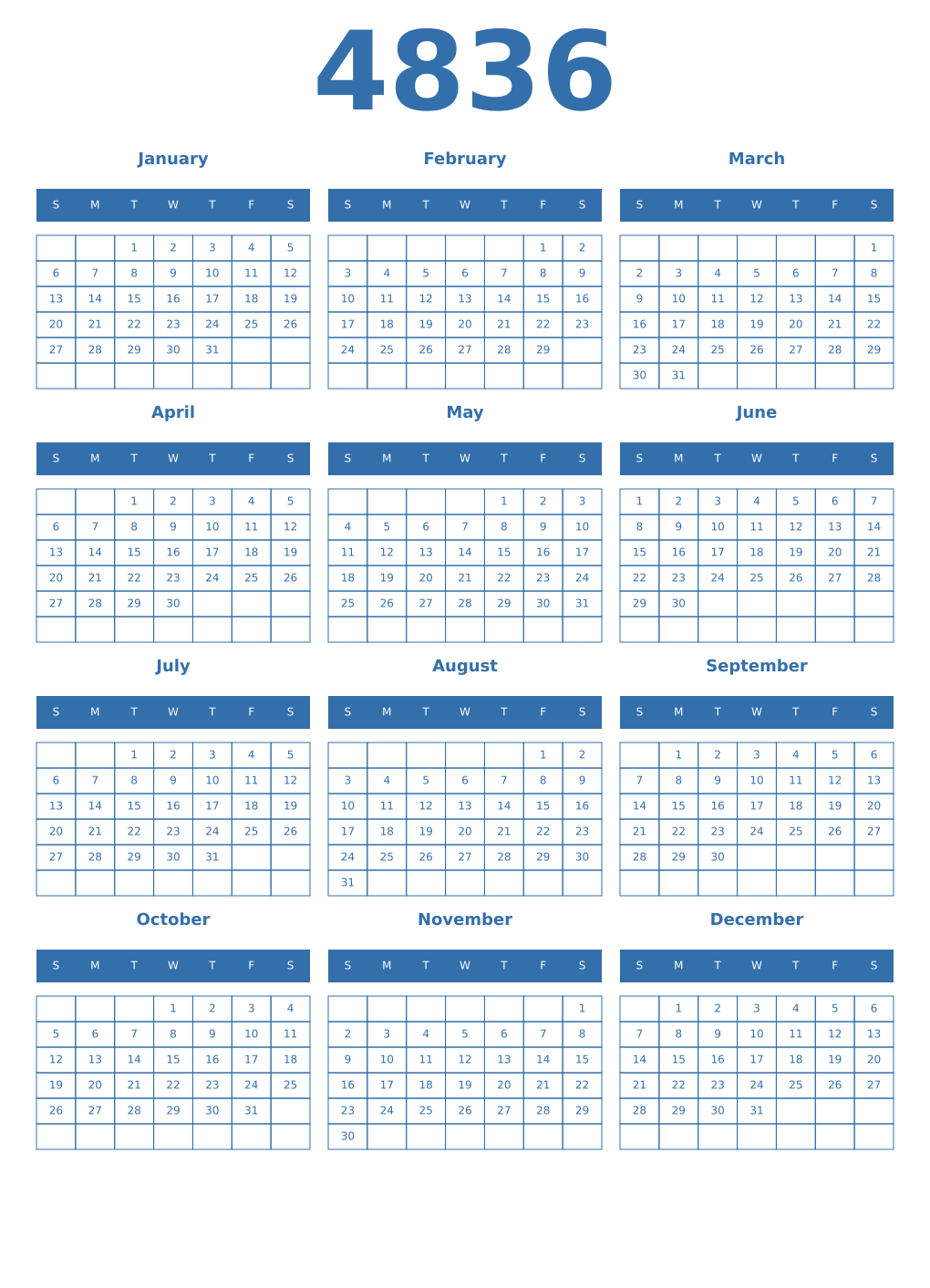Printable 4836 Year Calendars blue