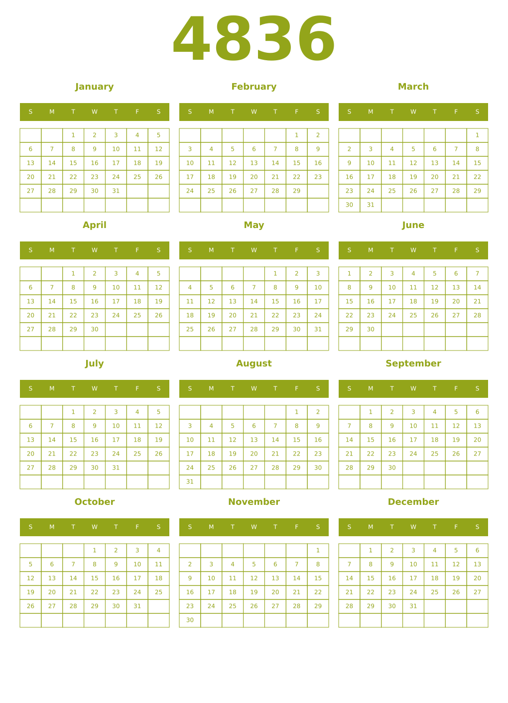 Printable 4836 Year Calendars chartreuse