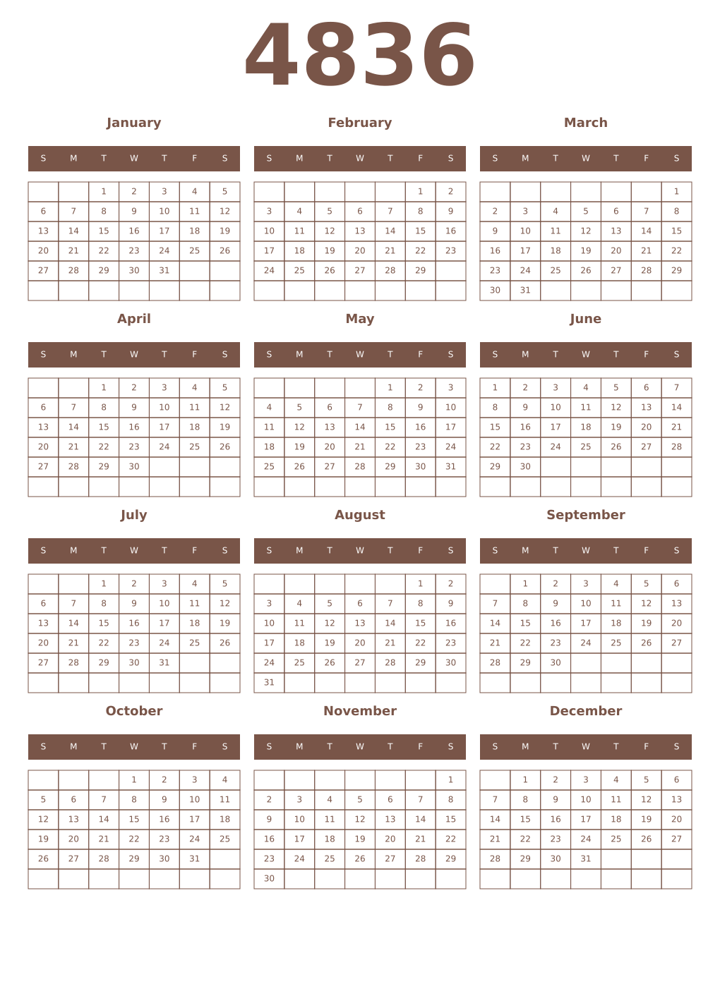 Printable 4836 Year Calendars coffe