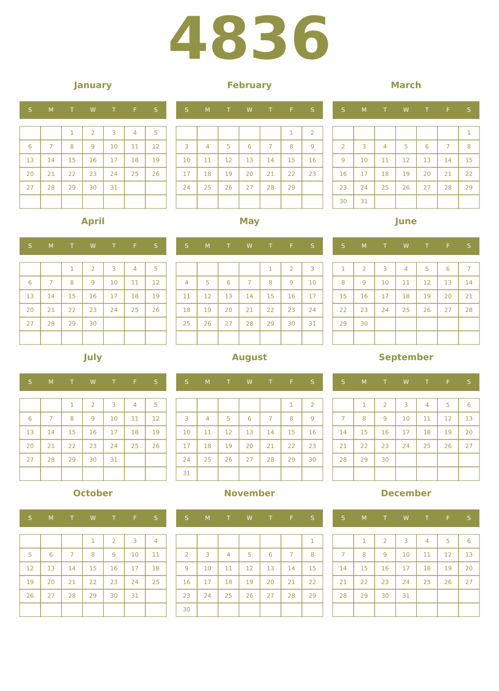 Printable 4836 Year Calendars eburnean