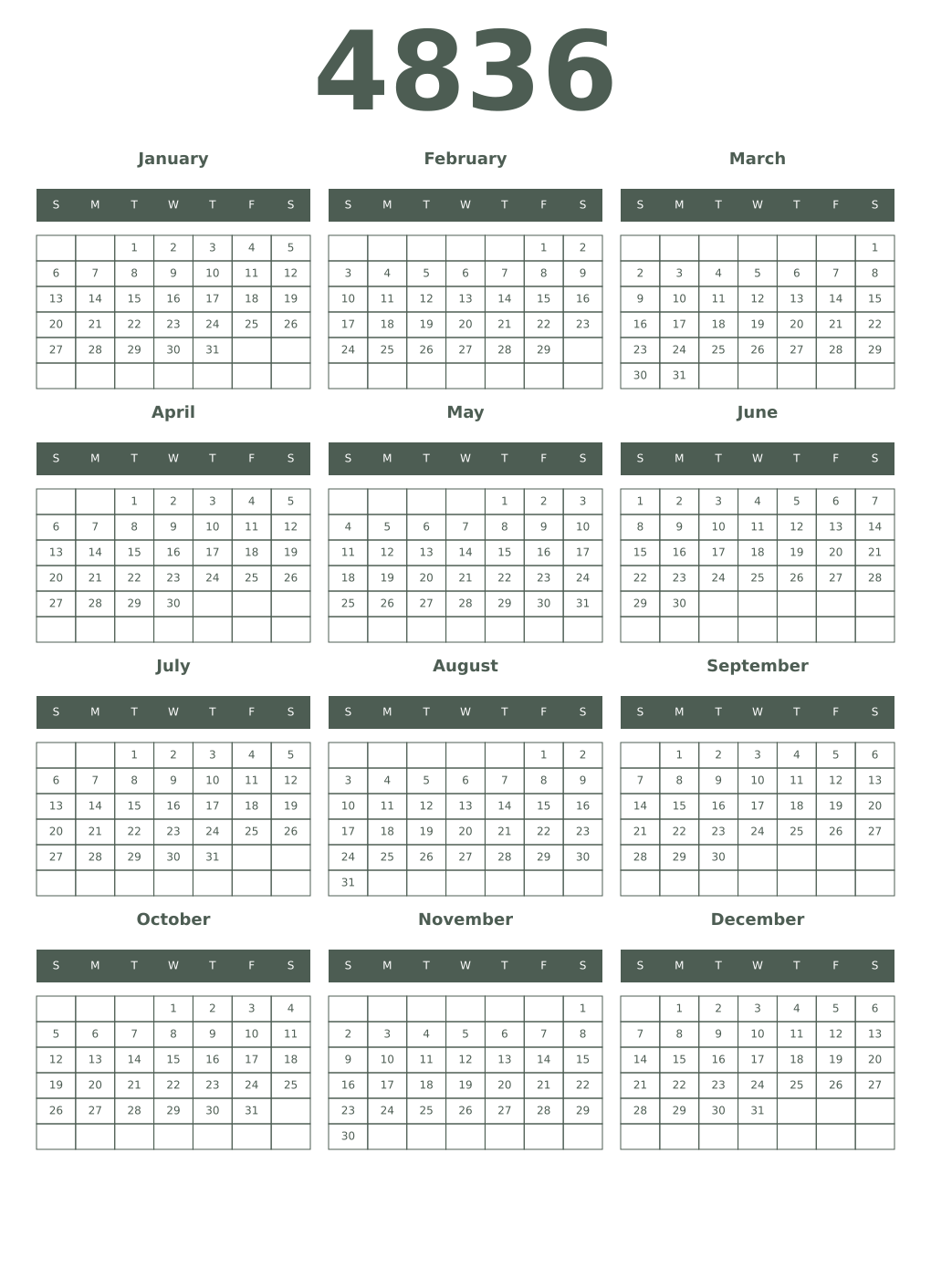 Printable 4836 Year Calendars feldgrau