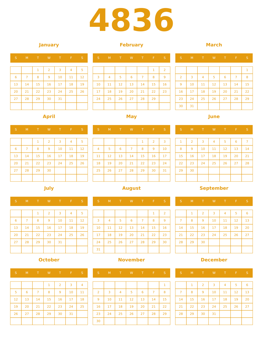 Printable 4836 Year Calendars gamboge