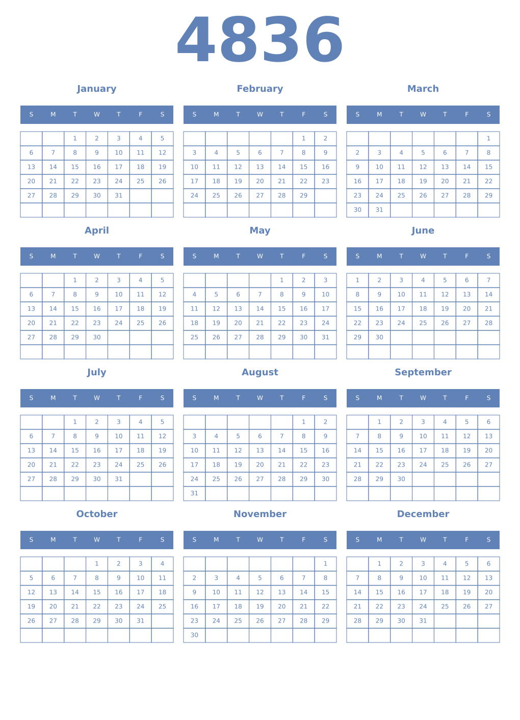 Printable 4836 Year Calendars glaucous