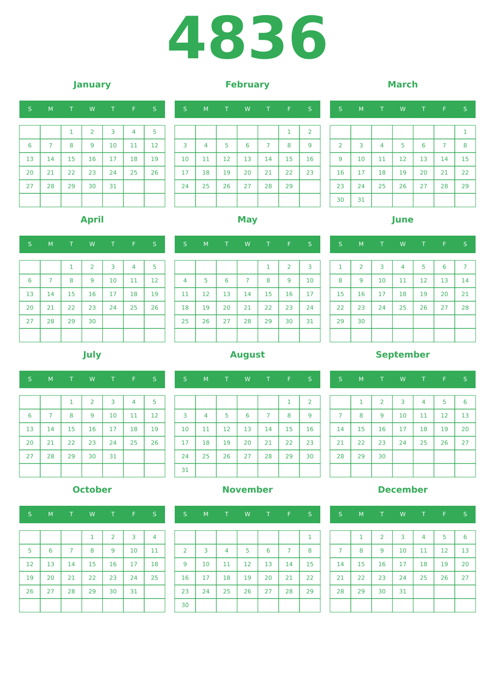 Printable 4836 Year Calendars green