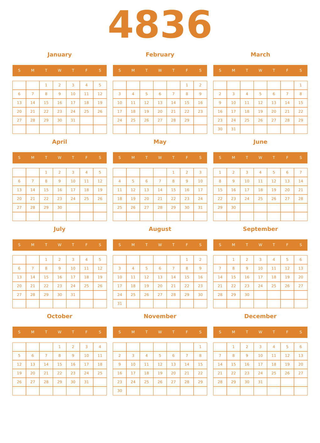 Printable 4836 Year Calendars orange