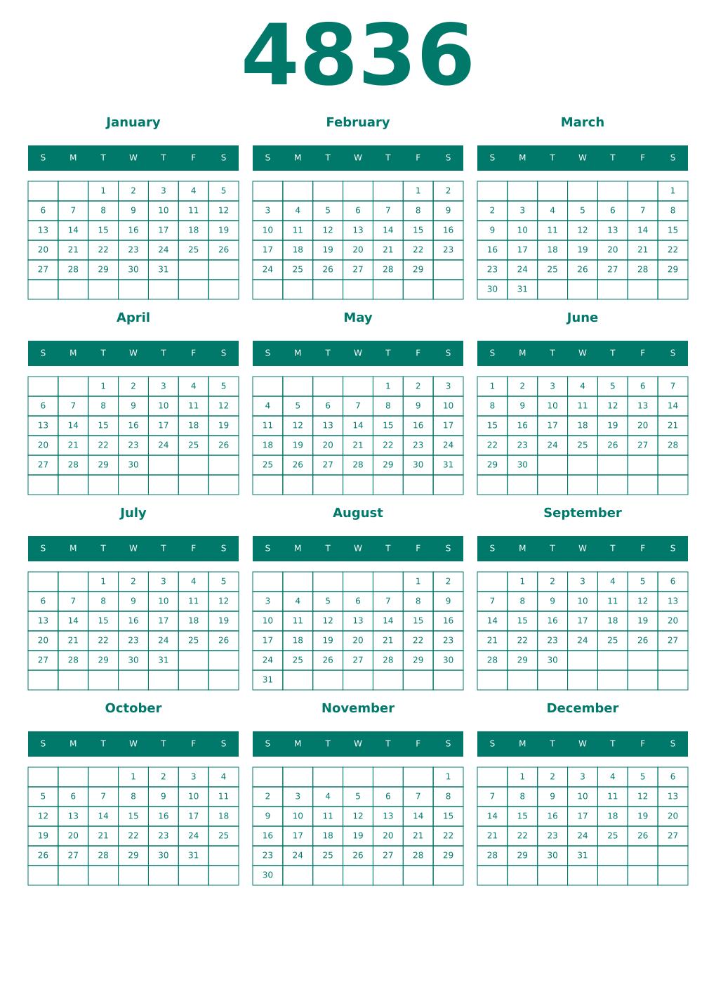 Printable 4836 Year Calendars pastel