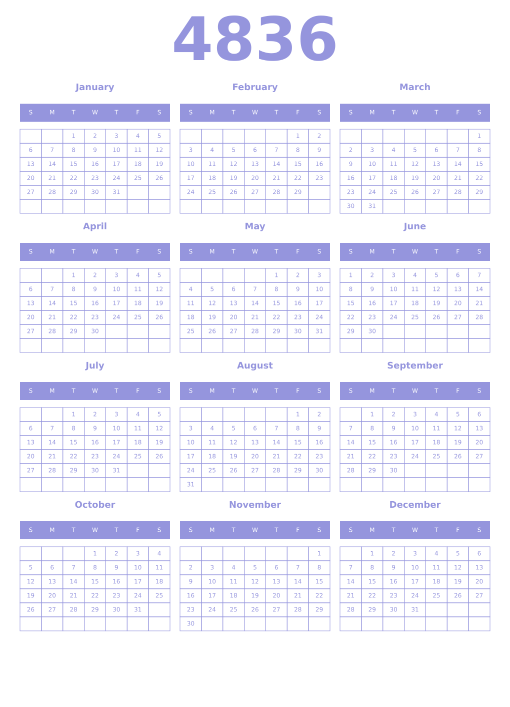Printable 4836 Year Calendars periwinkle