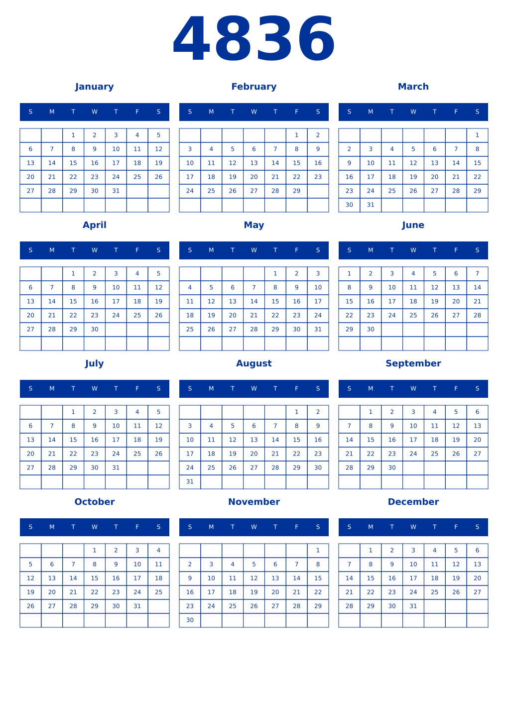 Printable 4836 Year Calendars smalt