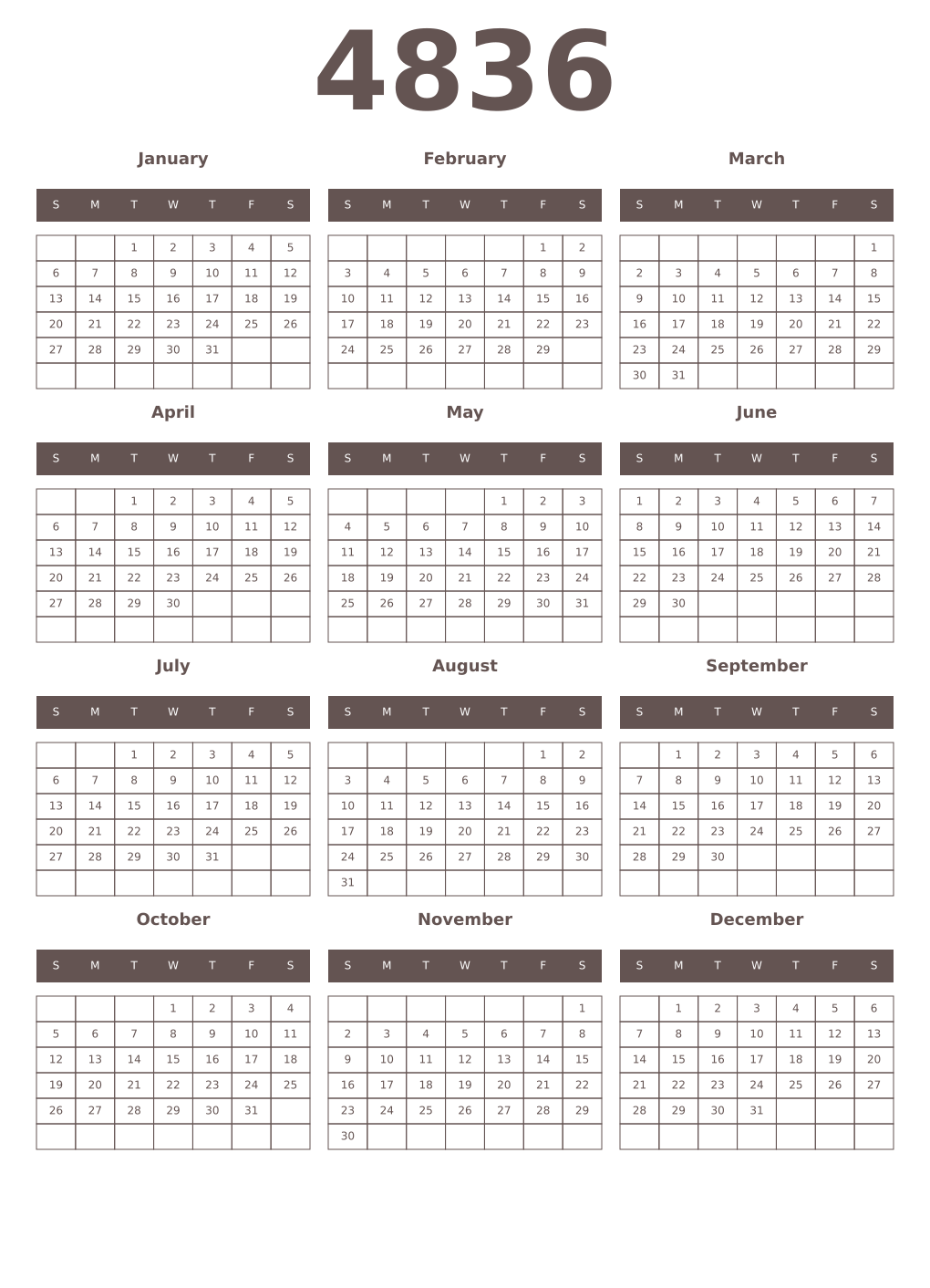 Printable 4836 Year Calendars wenge