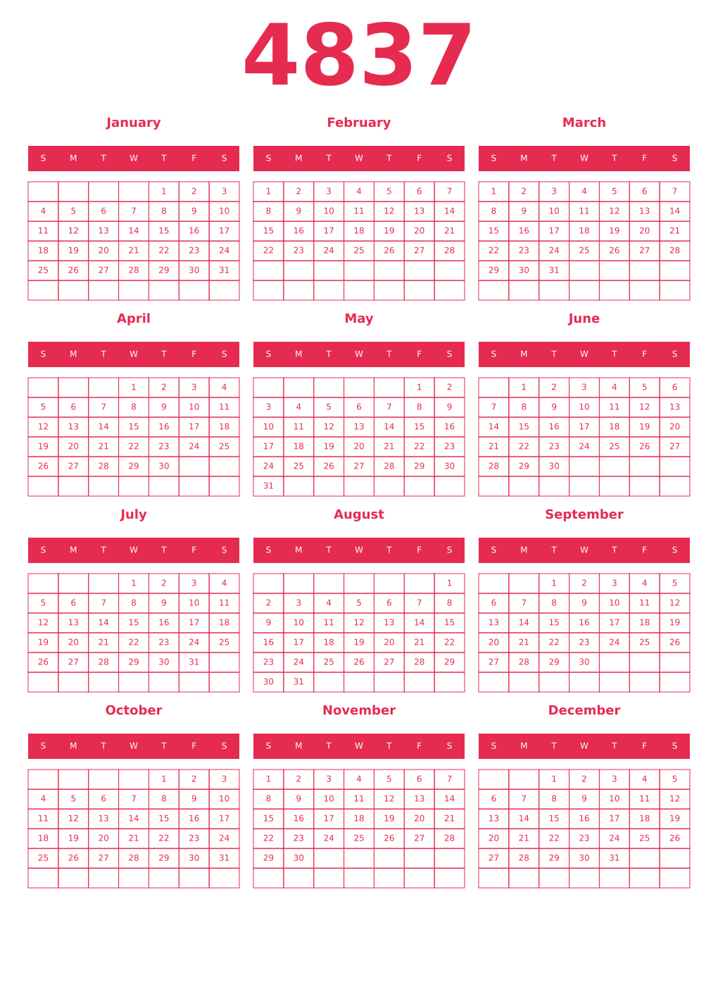 Printable 4837 Year Calendars amaranth
