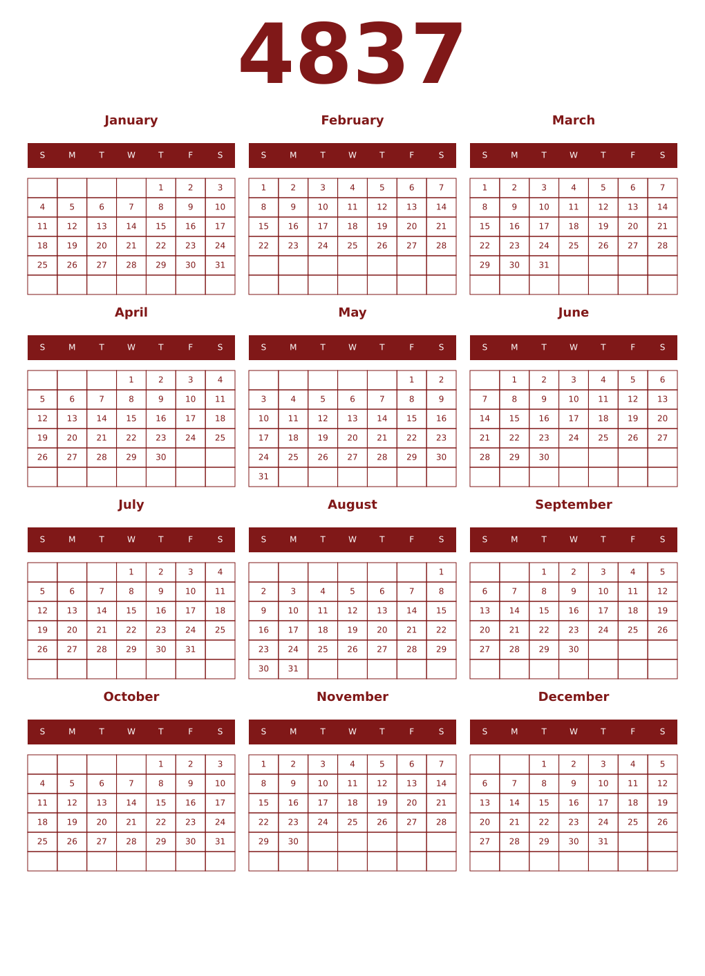 Printable 4837 Year Calendars falu