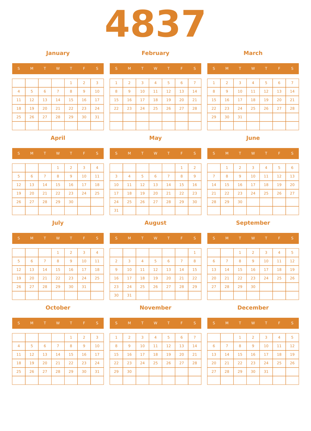 Printable 4837 Year Calendars orange