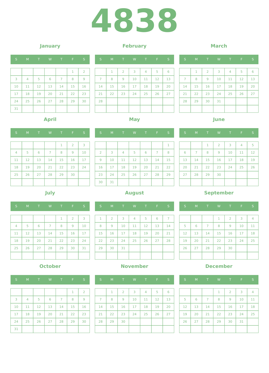 Printable 4838 Year Calendars celadon