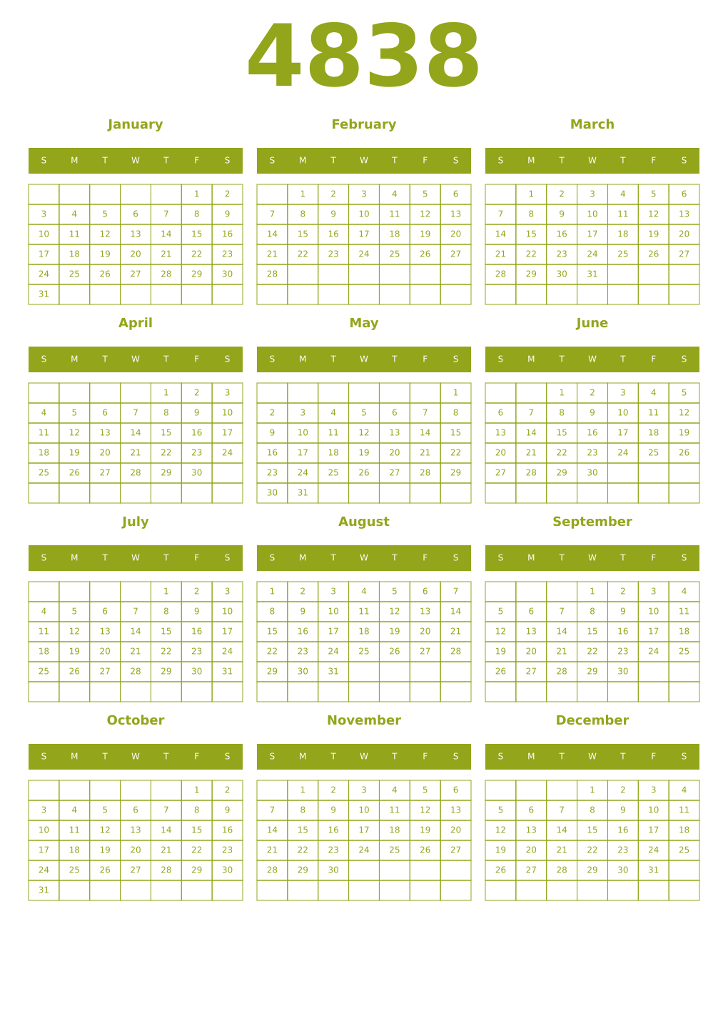 Printable 4838 Year Calendars chartreuse