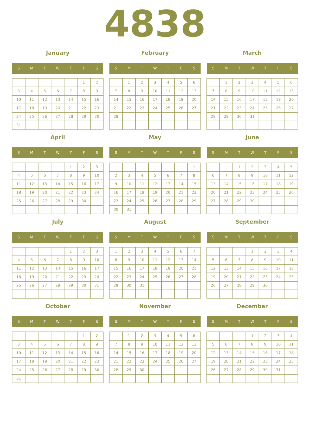 Printable 4838 Year Calendars eburnean