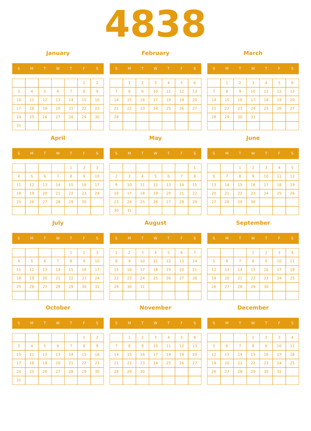 Printable 4838 Year Calendars gamboge