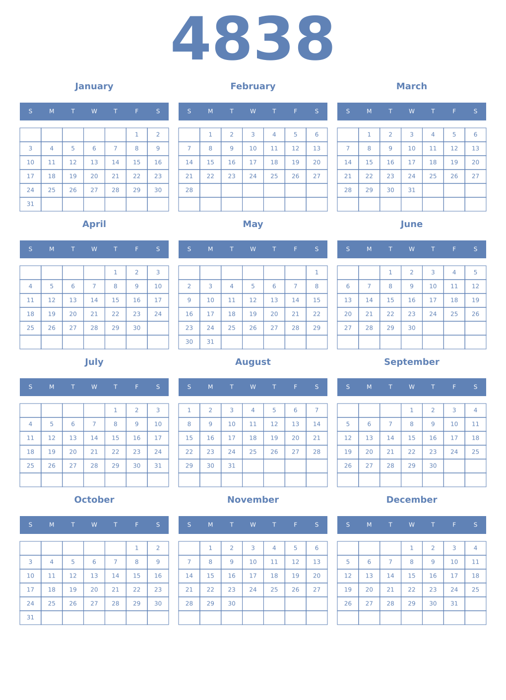Printable 4838 Year Calendars glaucous