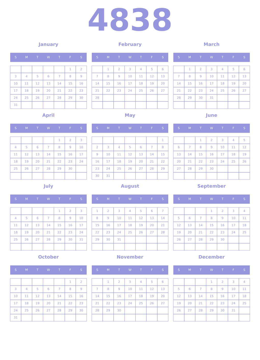 Printable 4838 Year Calendars periwinkle