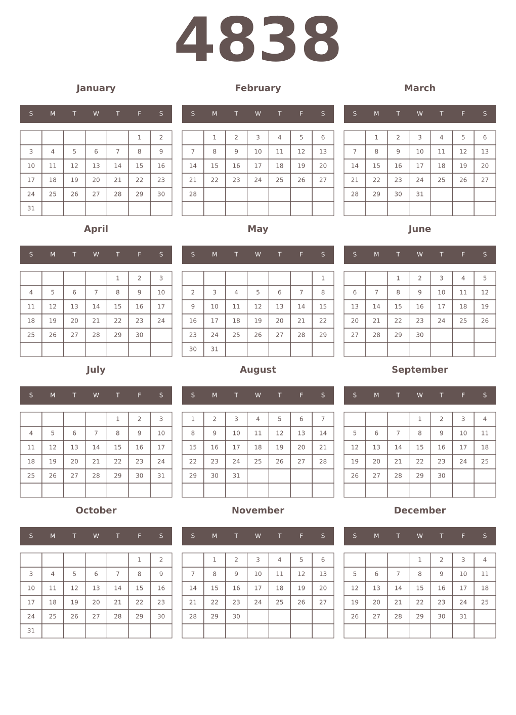 Printable 4838 Year Calendars wenge