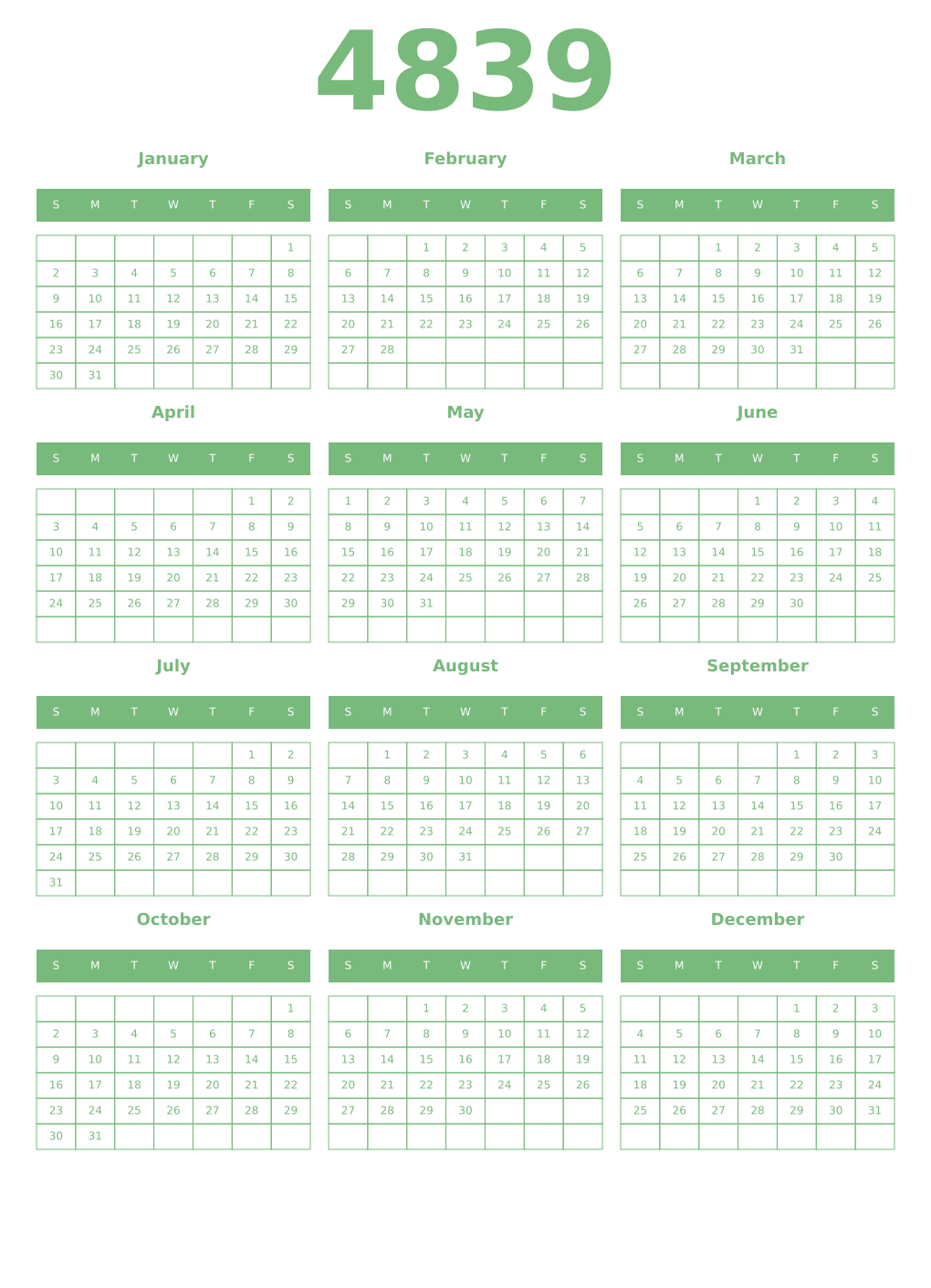 Printable 4839 Year Calendars celadon