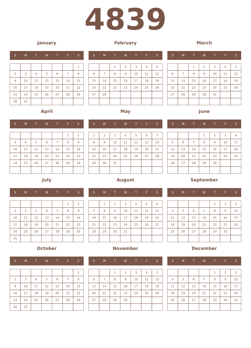 Printable 4839 Year Calendars coffe