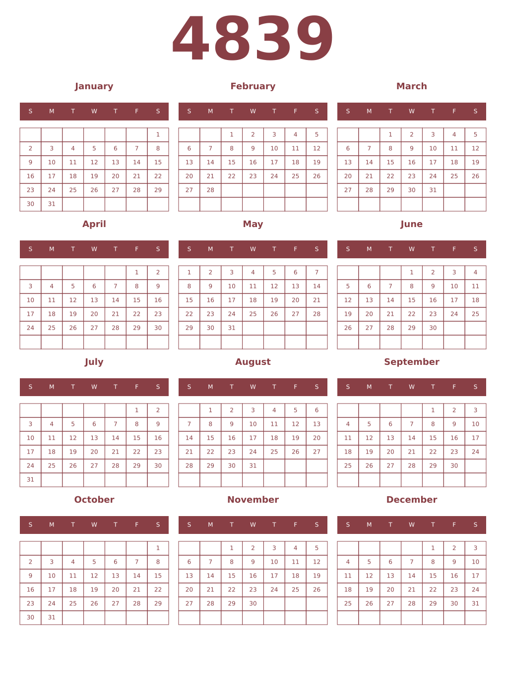 Printable 4839 Year Calendars cordovan