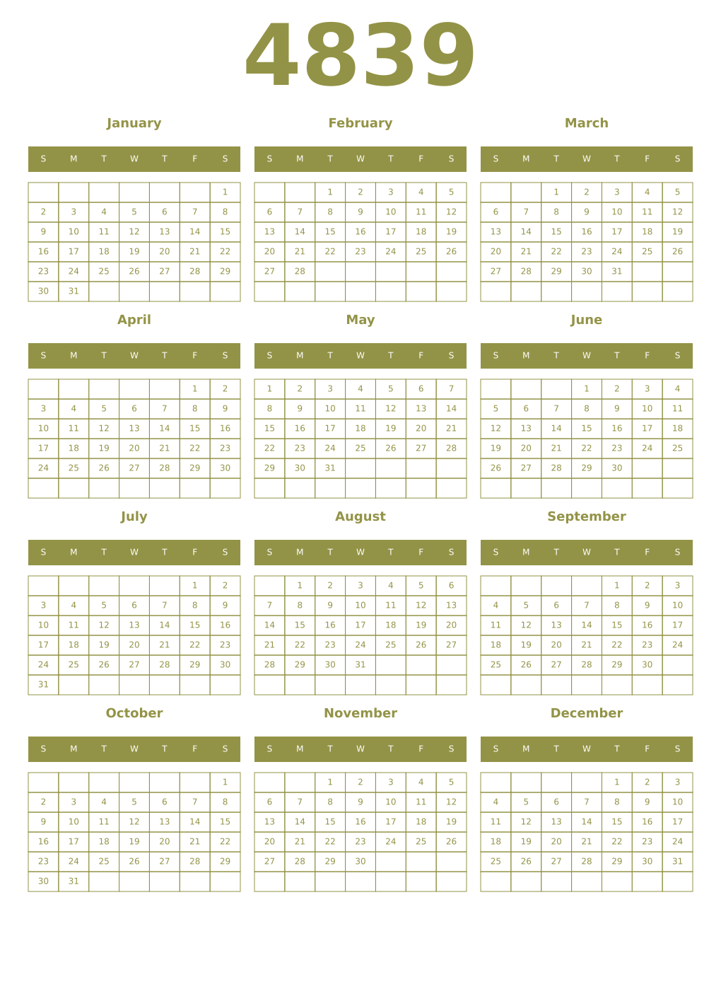 Printable 4839 Year Calendars eburnean