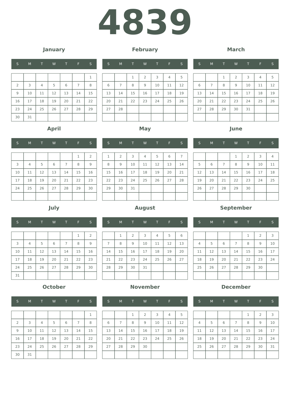 Printable 4839 Year Calendars feldgrau