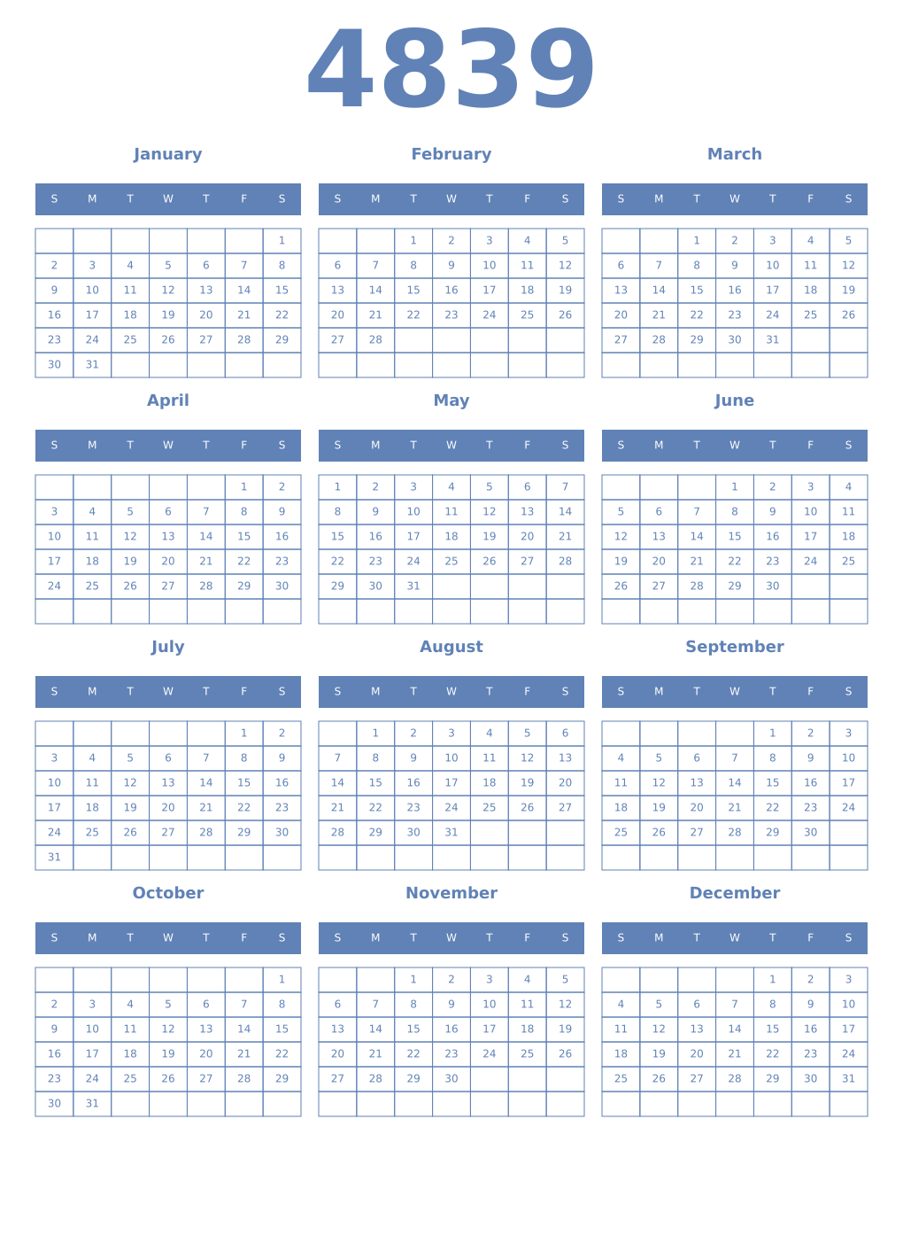Printable 4839 Year Calendars glaucous