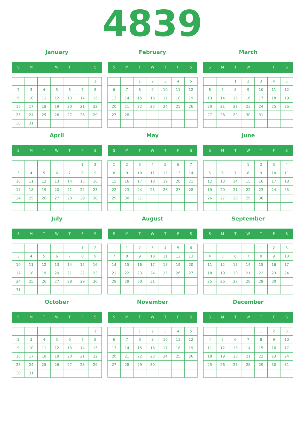Printable 4839 Year Calendars green