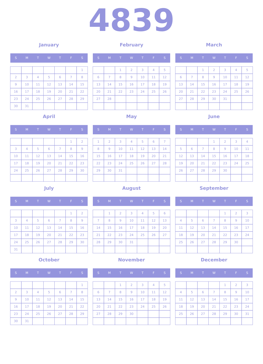 Printable 4839 Year Calendars periwinkle