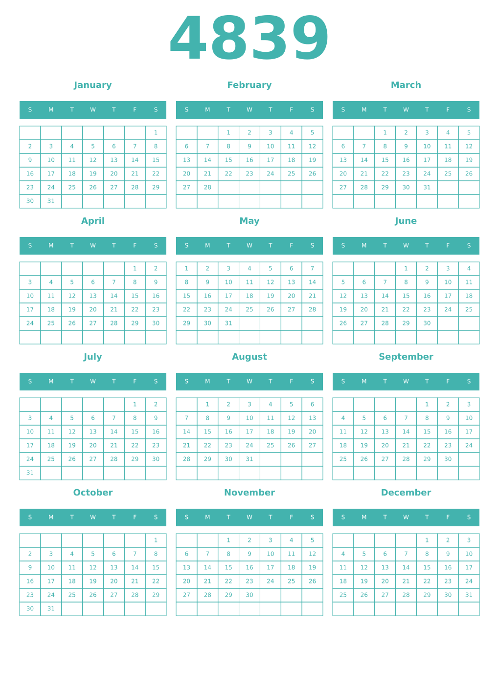 Printable 4839 Year Calendars verdigris