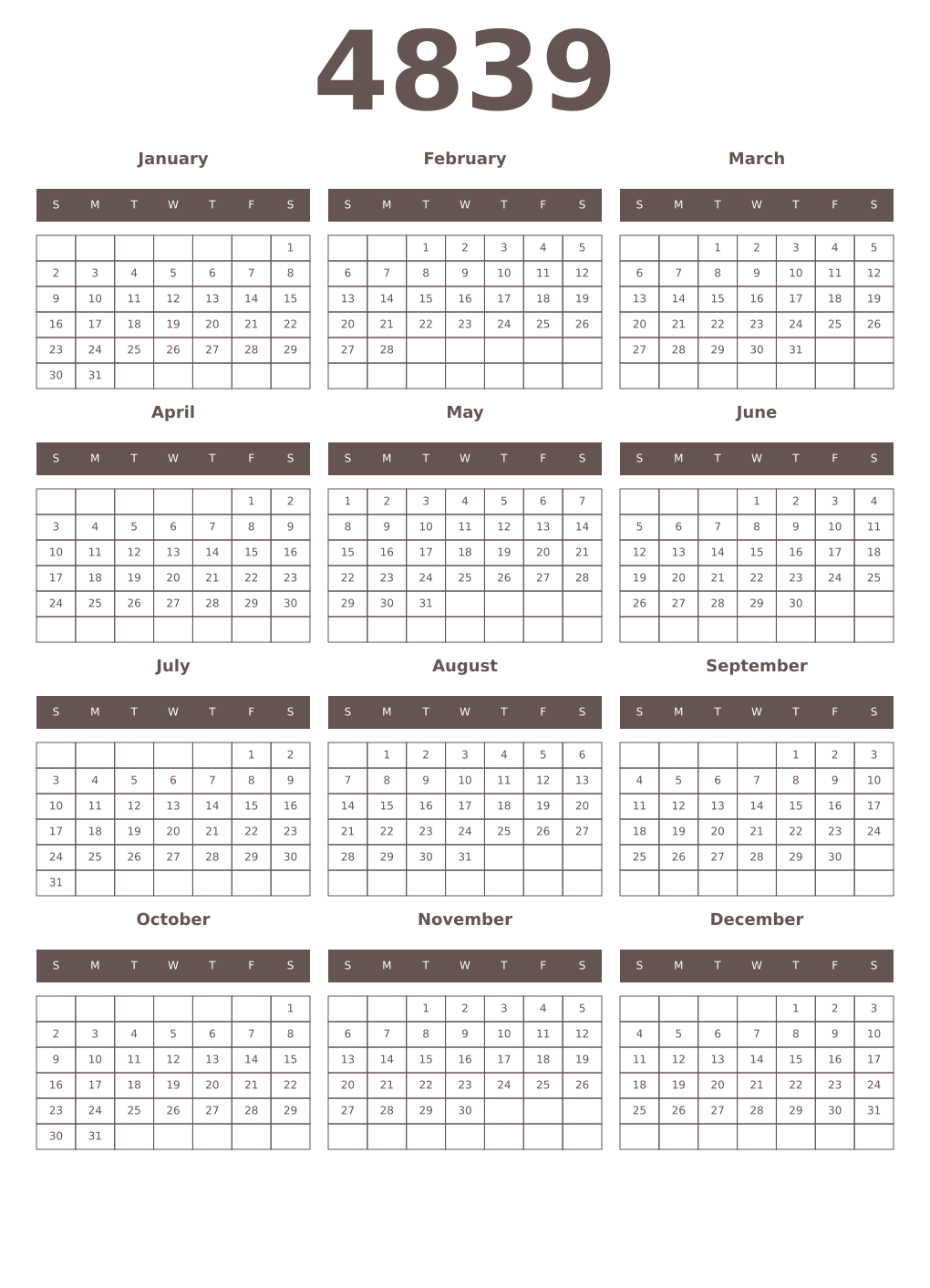 Printable 4839 Year Calendars wenge