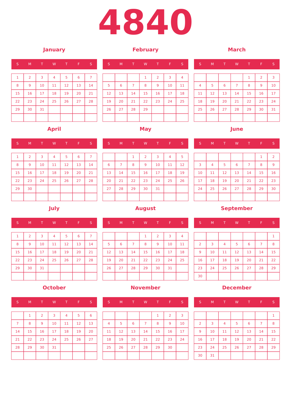 Printable 4840 Year Calendars amaranth
