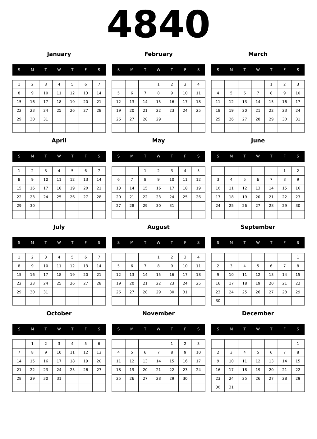 Printable 4840 Year Calendars black